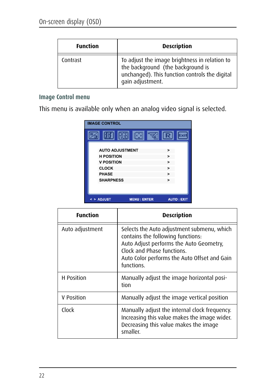 On-screen display (osd) | Barco MFCD 1219 User Manual | Page 22 / 31