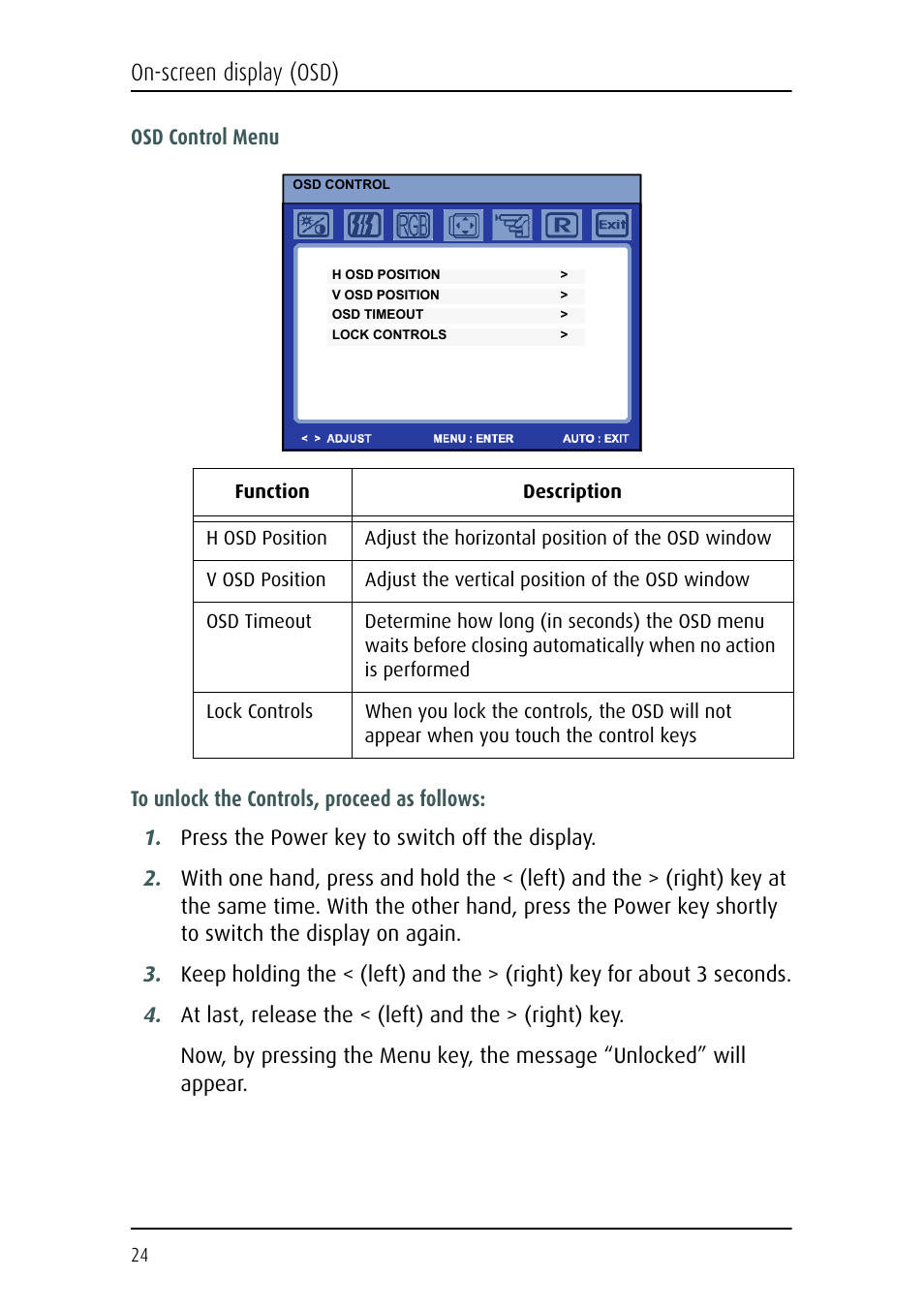 On-screen display (osd) | Barco MFCD 1219 User Manual | Page 24 / 31