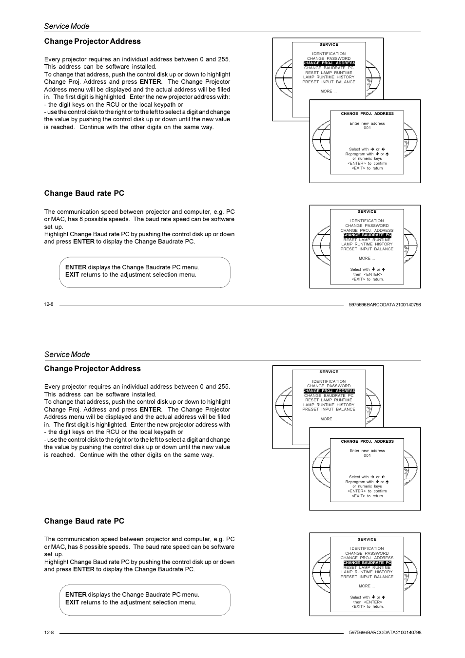 Service mode, Change projector address, Change baud rate pc | Barco R9001070 User Manual | Page 101 / 121