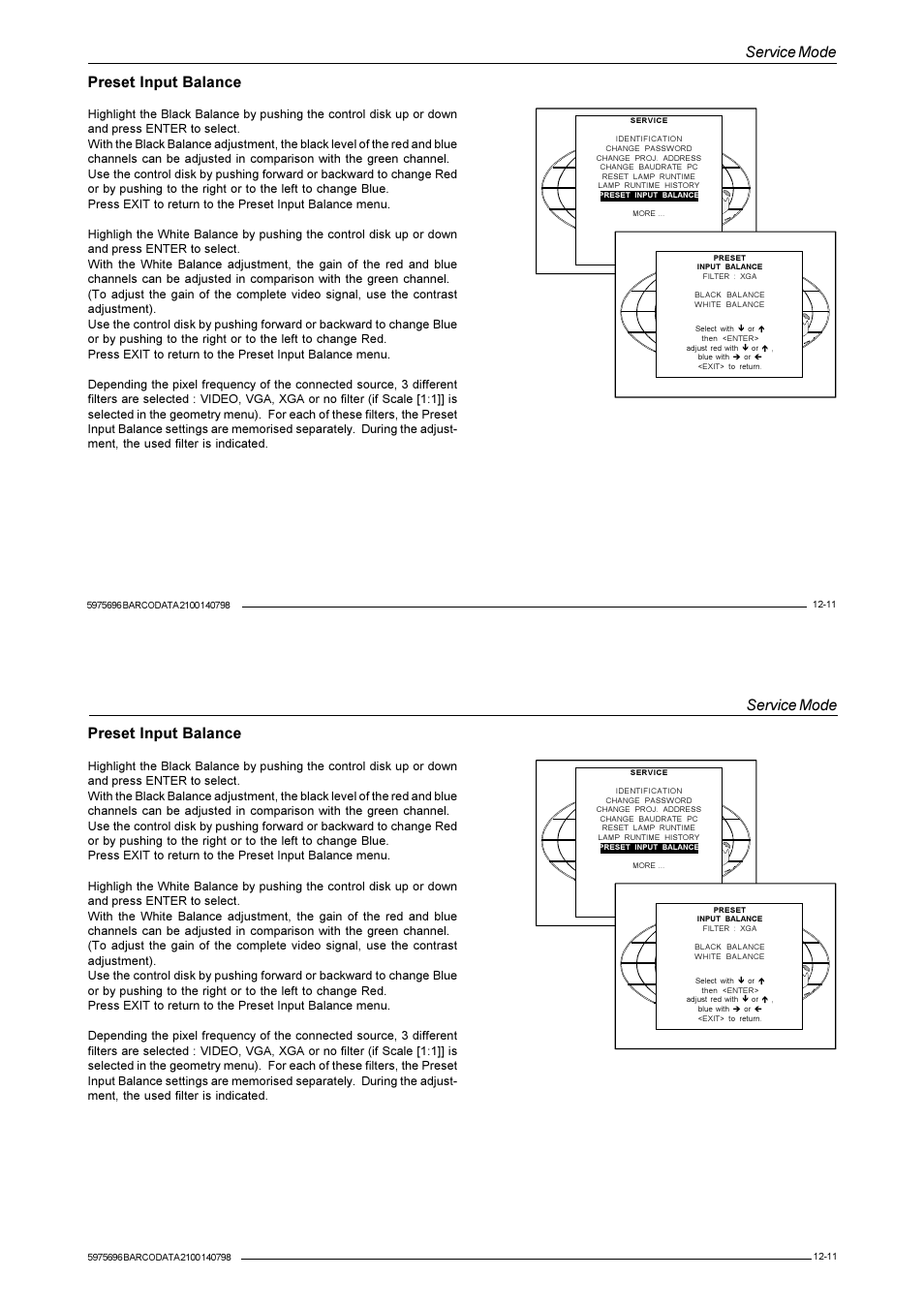 Service mode, Preset input balance | Barco R9001070 User Manual | Page 104 / 121