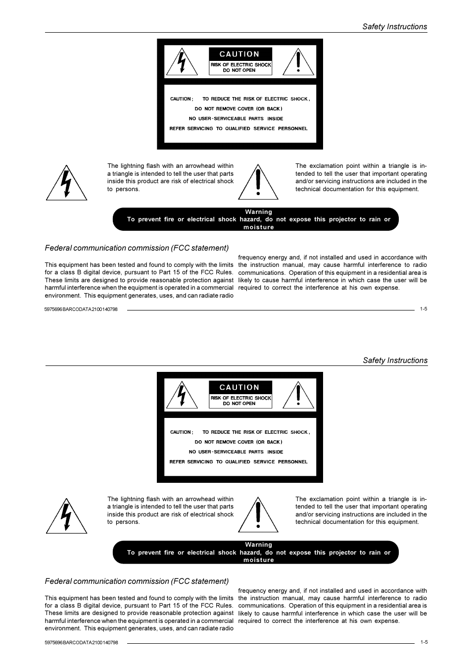 Safety instructions, Federal communication commission (fcc statement) | Barco R9001070 User Manual | Page 12 / 121