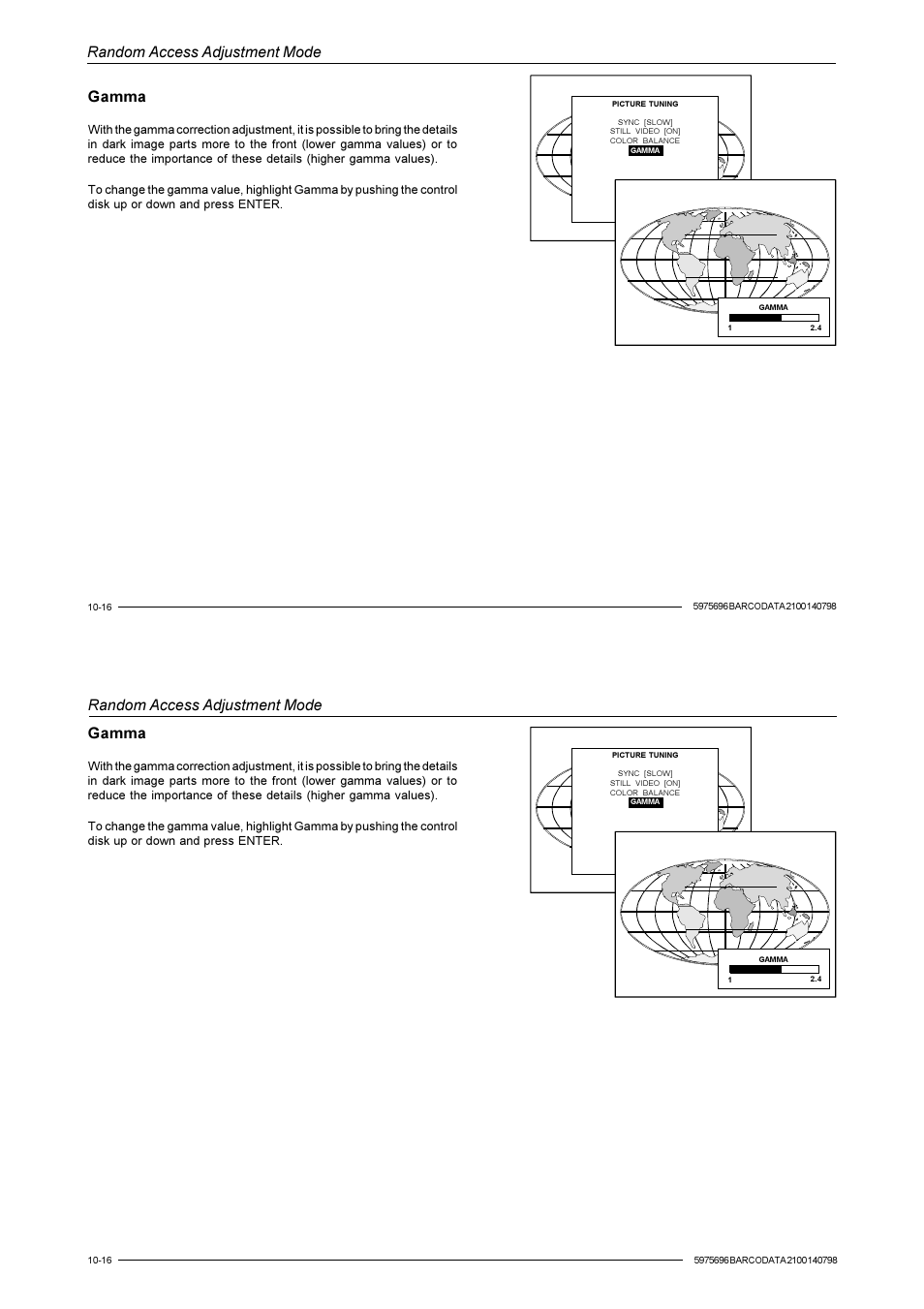 Random access adjustment mode, Gamma | Barco R9001070 User Manual | Page 79 / 121