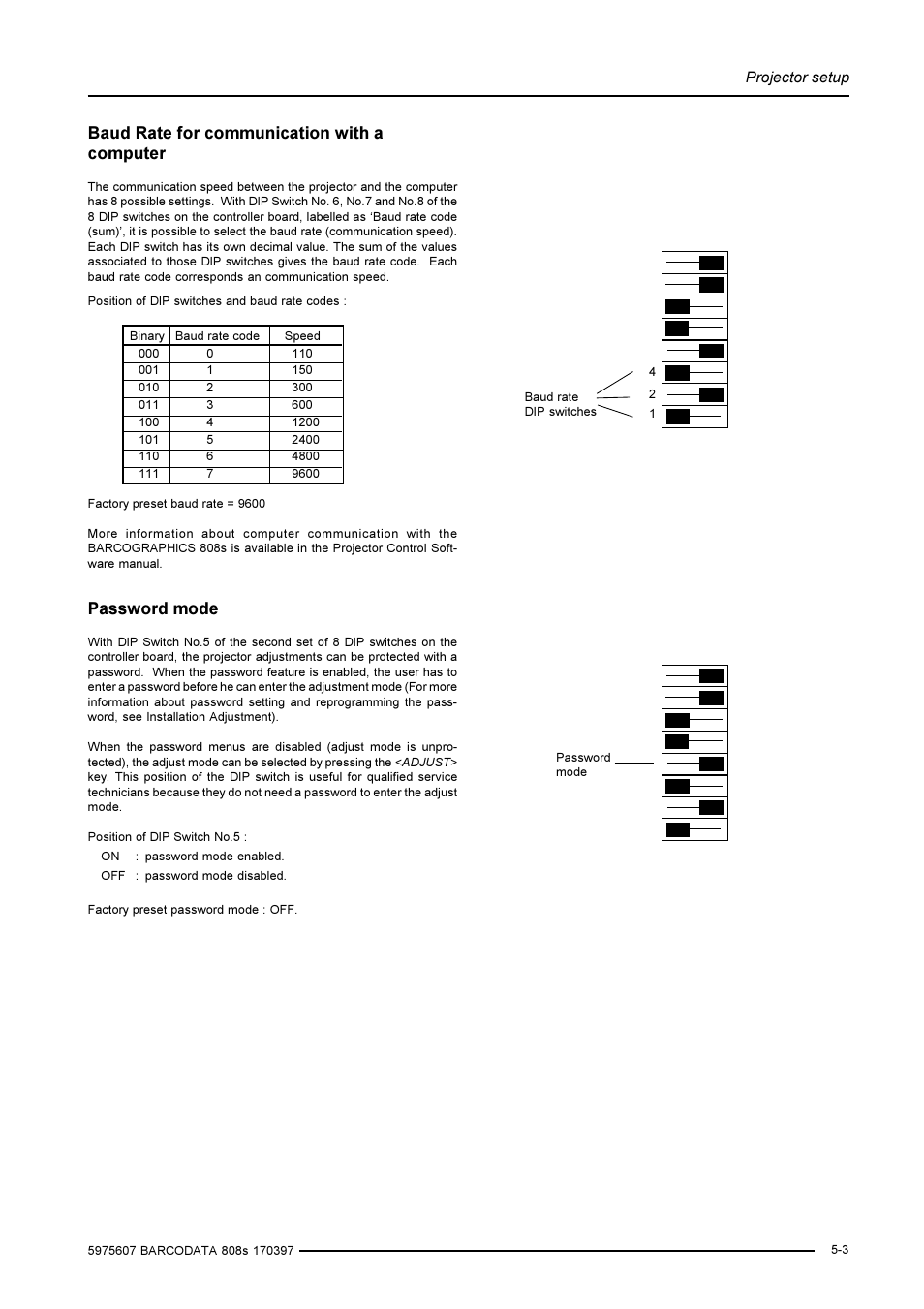 Off on 0 1, Baud rate for communication with a computer, Password mode | Barco R9002031 User Manual | Page 18 / 45