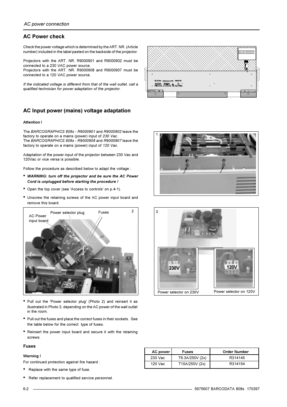 Ac power check, Ac input power (mains) voltage adaptation | Barco R9002031 User Manual | Page 21 / 45