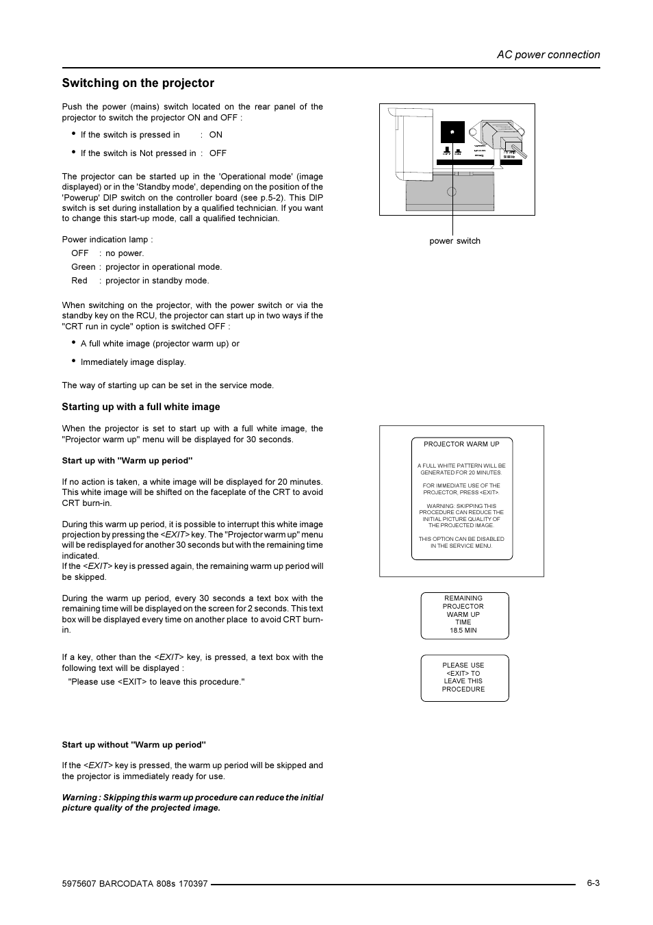 Switching on the projector, Ac power connection | Barco R9002031 User Manual | Page 22 / 45