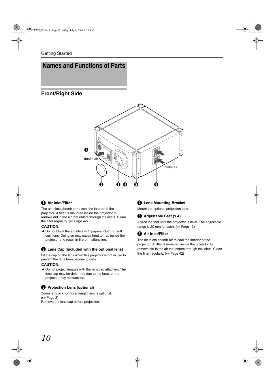 Names and functions of parts, Front/right side | Barco D-ILA LX-5 User Manual | Page 10 / 52