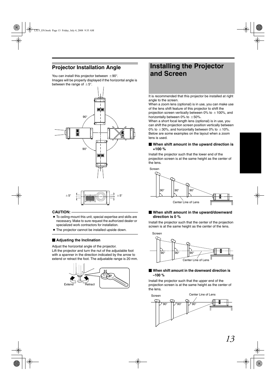 Projector installation angle, Installing the projector and screen | Barco D-ILA LX-5 User Manual | Page 13 / 52