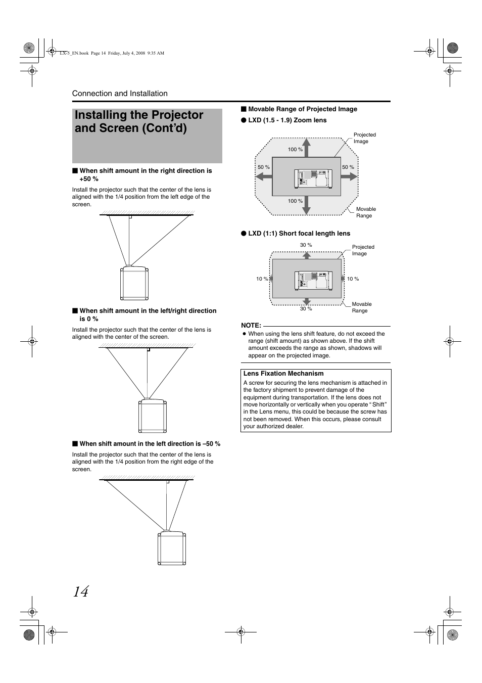 Installing the projector and screen (cont’d) | Barco D-ILA LX-5 User Manual | Page 14 / 52