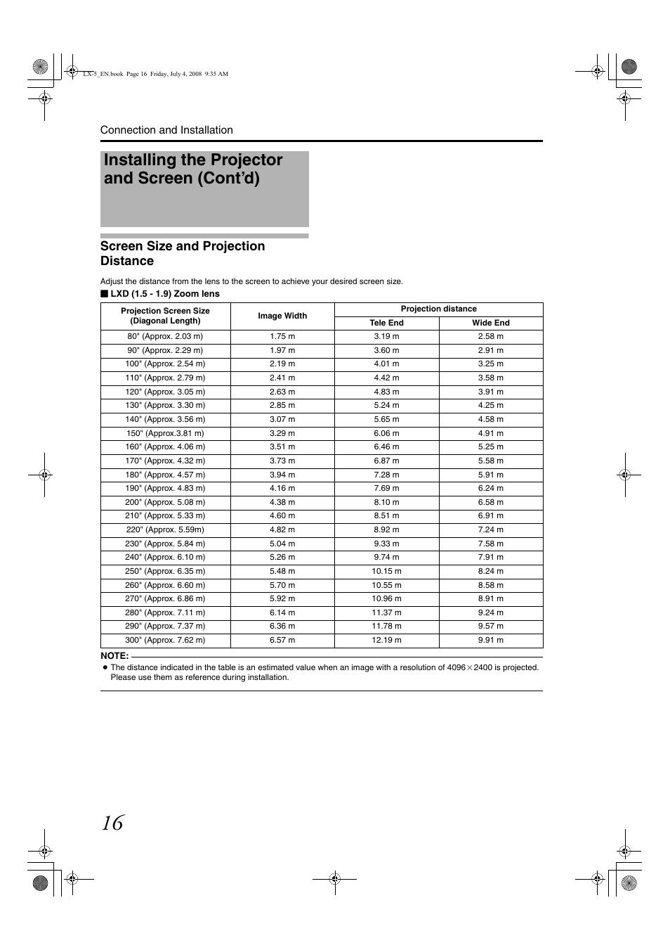 Screen size and projection distance, Installing the projector and screen (cont’d), Connection and installation | Barco D-ILA LX-5 User Manual | Page 16 / 52