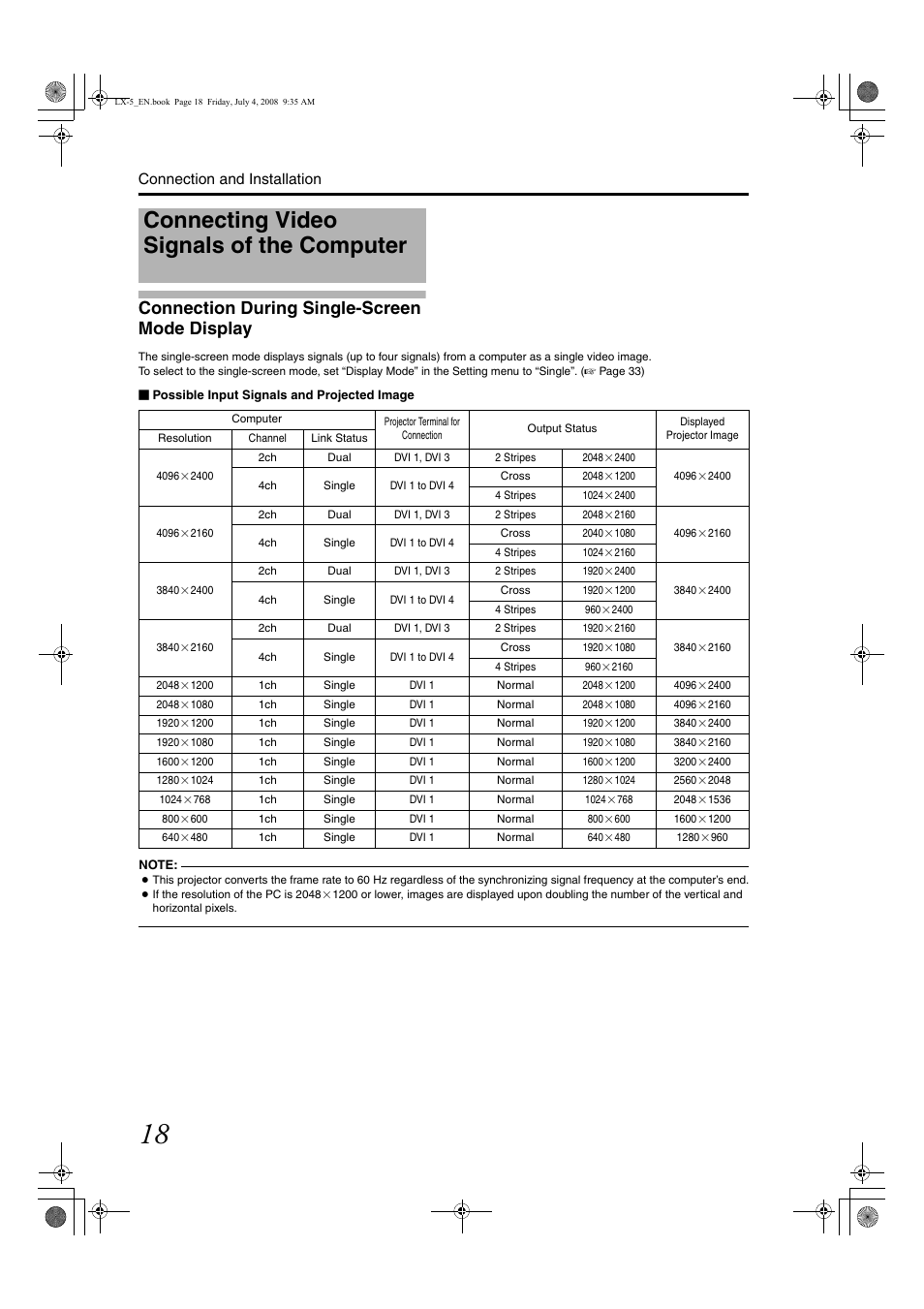 Connecting video signals of the computer, Connection during single-screen mode display, Connection and installation | Barco D-ILA LX-5 User Manual | Page 18 / 52