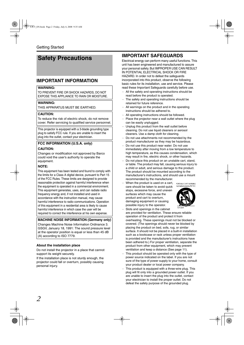 Safety precautions, Important information, Important safeguards | Barco D-ILA LX-5 User Manual | Page 2 / 52