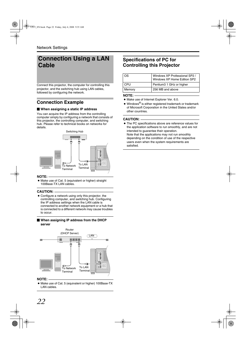 Setti, Network settings, Connection using a lan cable | Connection example | Barco D-ILA LX-5 User Manual | Page 22 / 52
