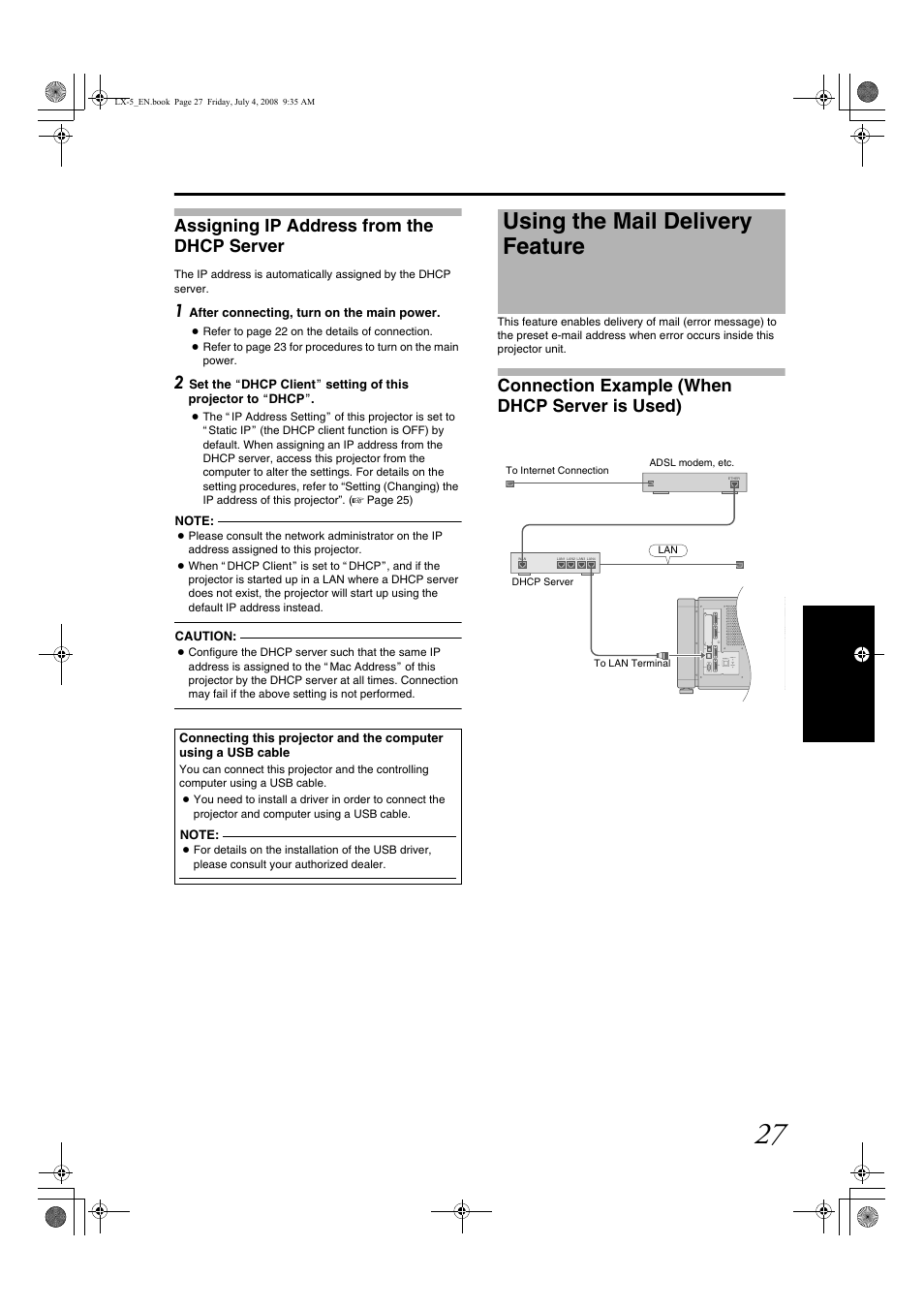 Assigning ip address from the dhcp server, Using the mail delivery feature, Connection example (when dhcp server is used) | Barco D-ILA LX-5 User Manual | Page 27 / 52