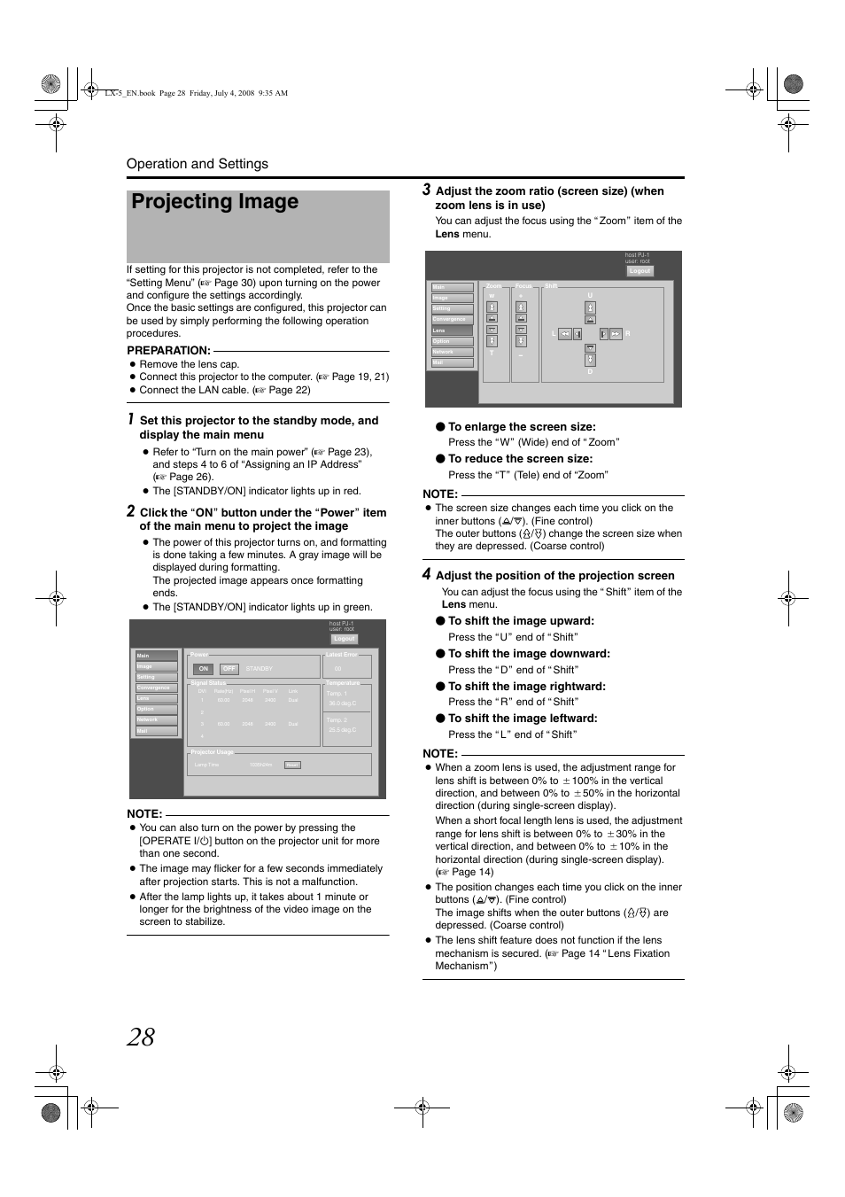 Setti, Operation and settings, Projecting image | Preparation, Adjust the position of the projection screen | Barco D-ILA LX-5 User Manual | Page 28 / 52