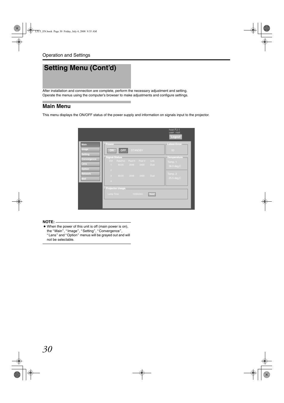 Main menu, Setting menu (cont’d), Main men u | Operation and settings | Barco D-ILA LX-5 User Manual | Page 30 / 52