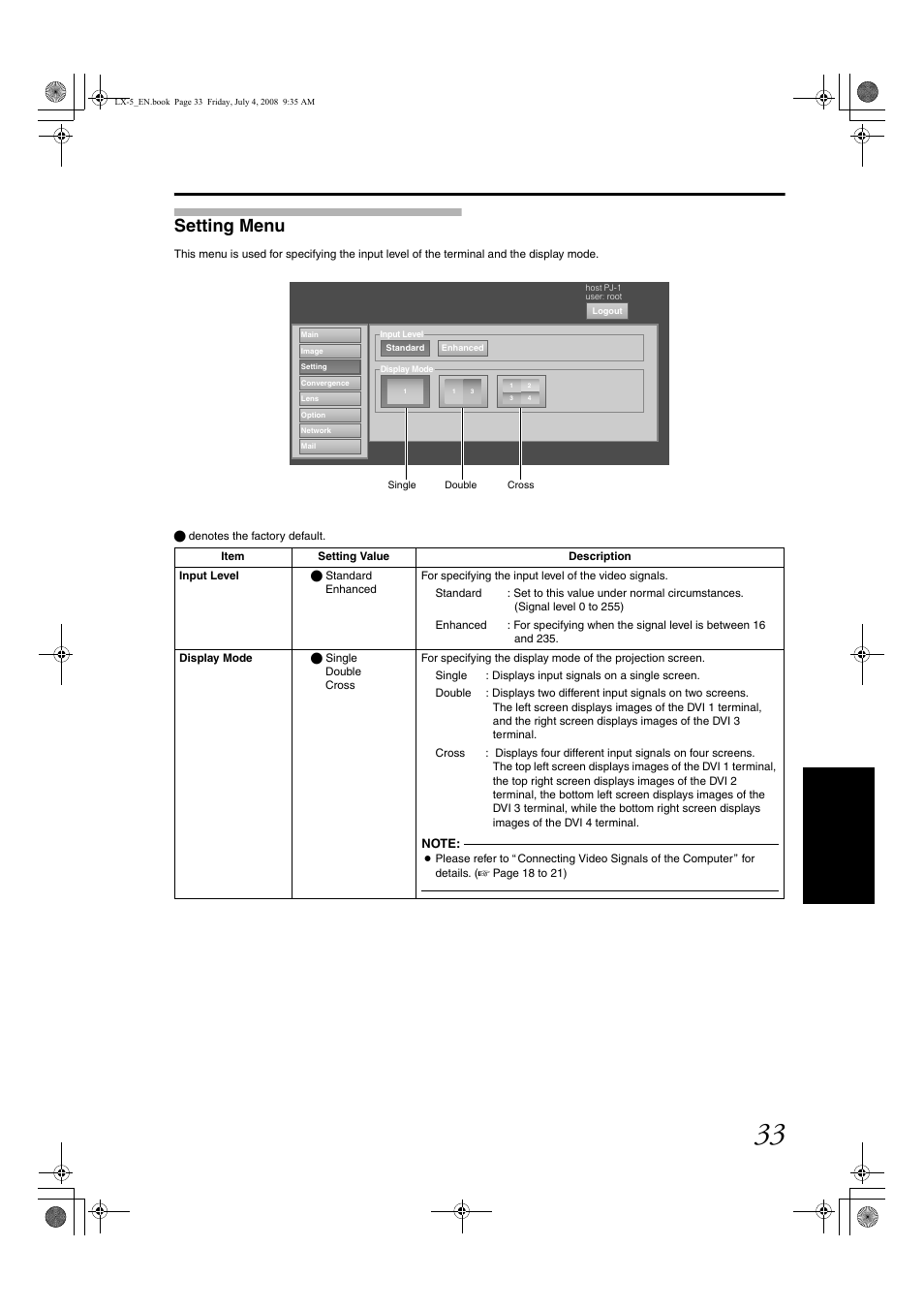 Setting menu, Setting men u | Barco D-ILA LX-5 User Manual | Page 33 / 52