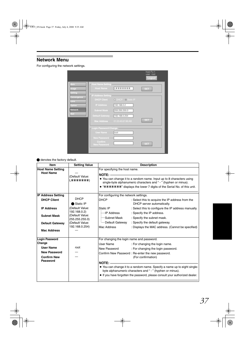 Network menu, Network men u | Barco D-ILA LX-5 User Manual | Page 37 / 52
