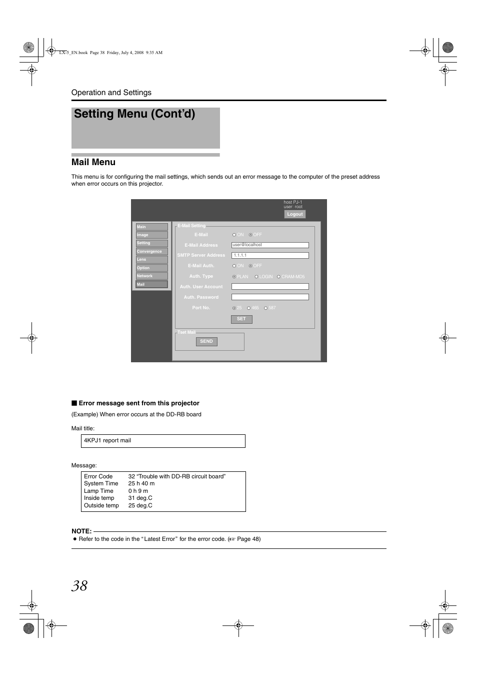 Mail menu, Setting menu (cont’d), Mail men u | Operation and settings | Barco D-ILA LX-5 User Manual | Page 38 / 52