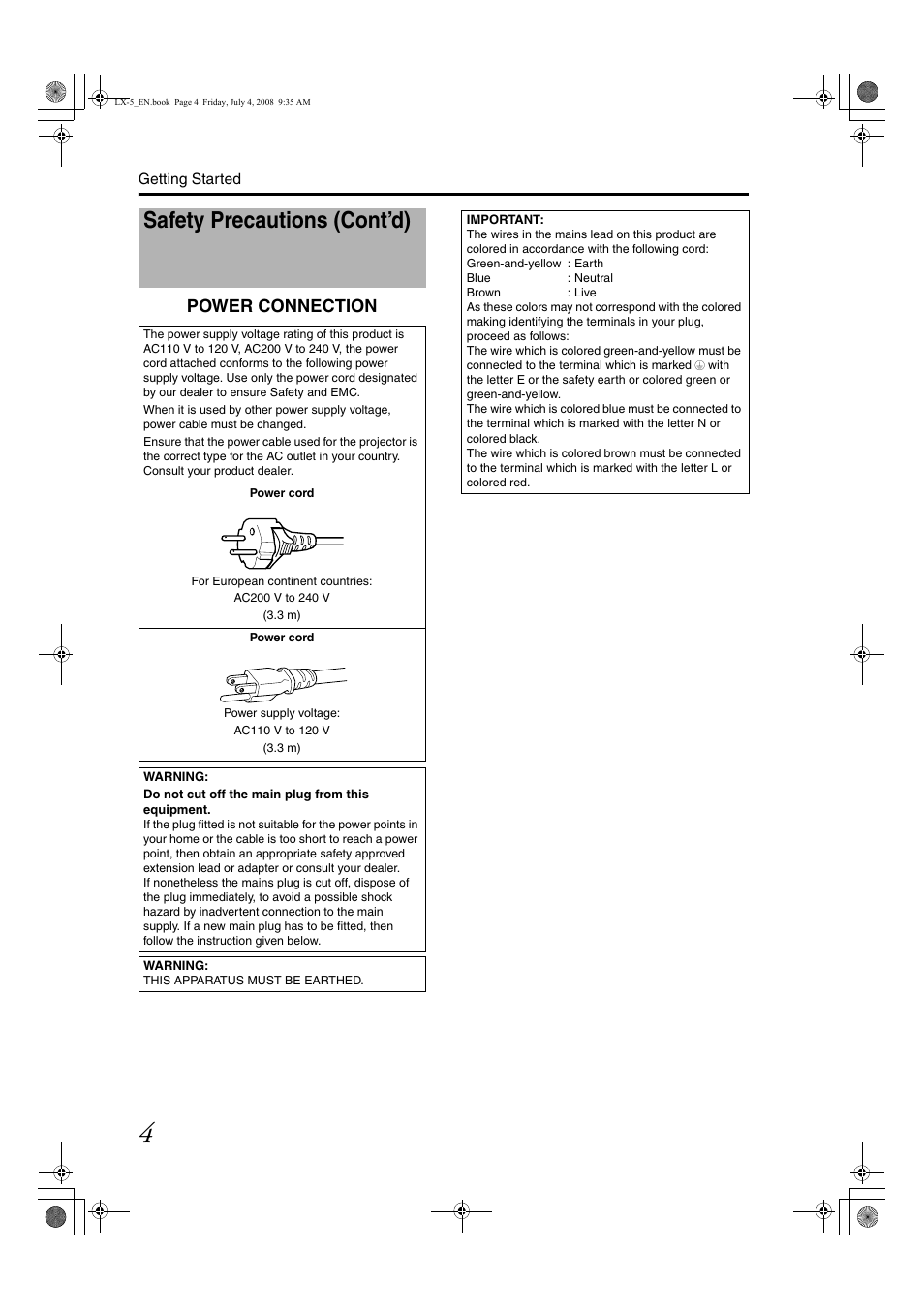 Safety precautions (cont’d), Power connection | Barco D-ILA LX-5 User Manual | Page 4 / 52