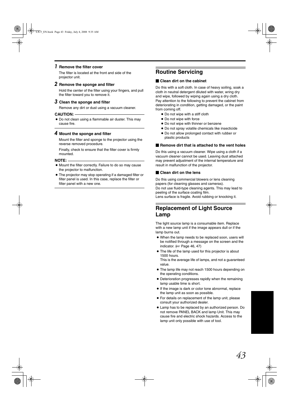 Routine servicing, Replacement of light source lamp | Barco D-ILA LX-5 User Manual | Page 43 / 52