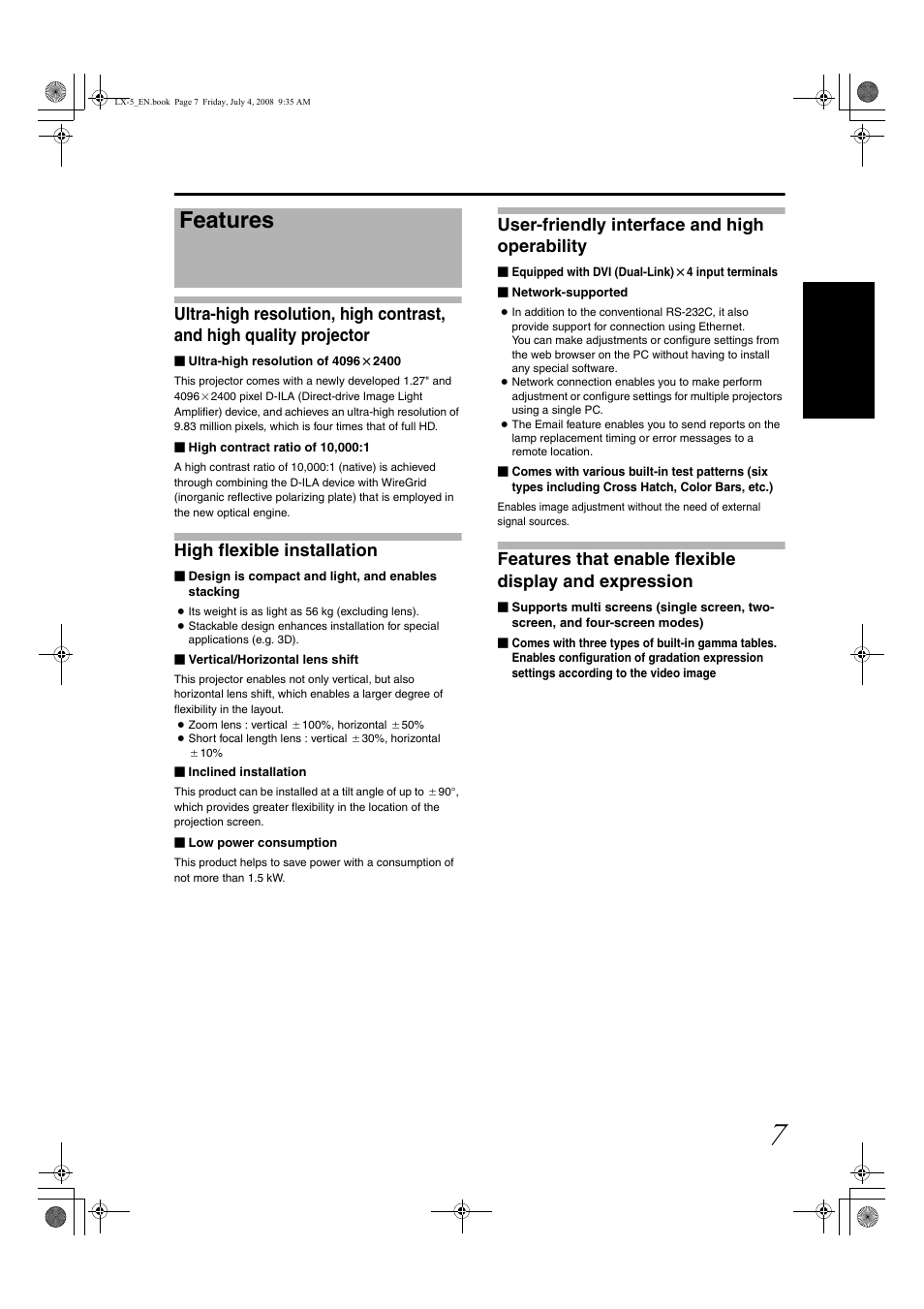 Features, High flexible installation, User-friendly interface and high operability | Barco D-ILA LX-5 User Manual | Page 7 / 52