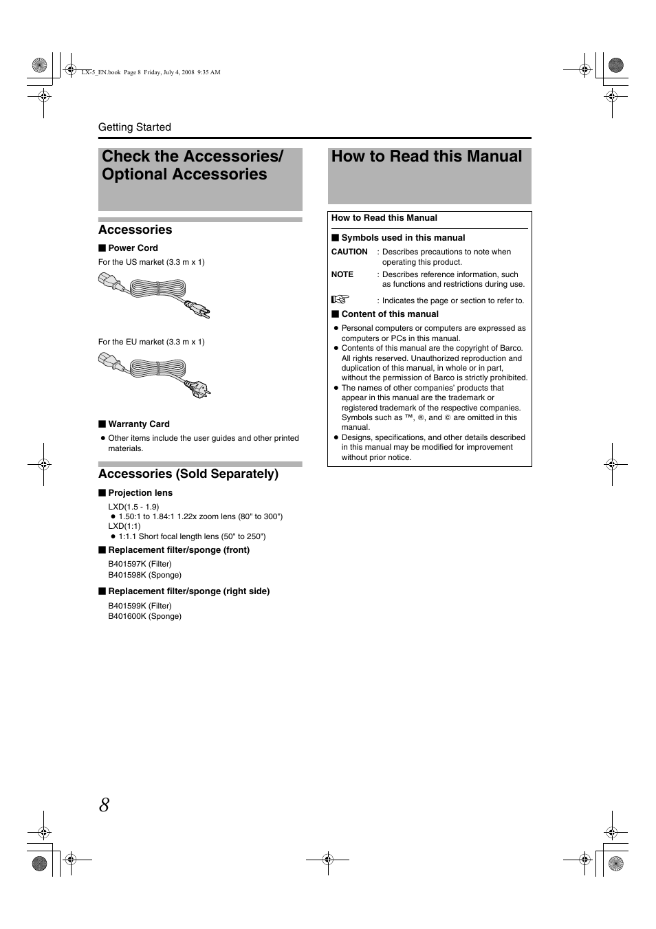 Check the accessories/optional accessories, How to read this manual, Accessories | Accessories (sold separately) | Barco D-ILA LX-5 User Manual | Page 8 / 52