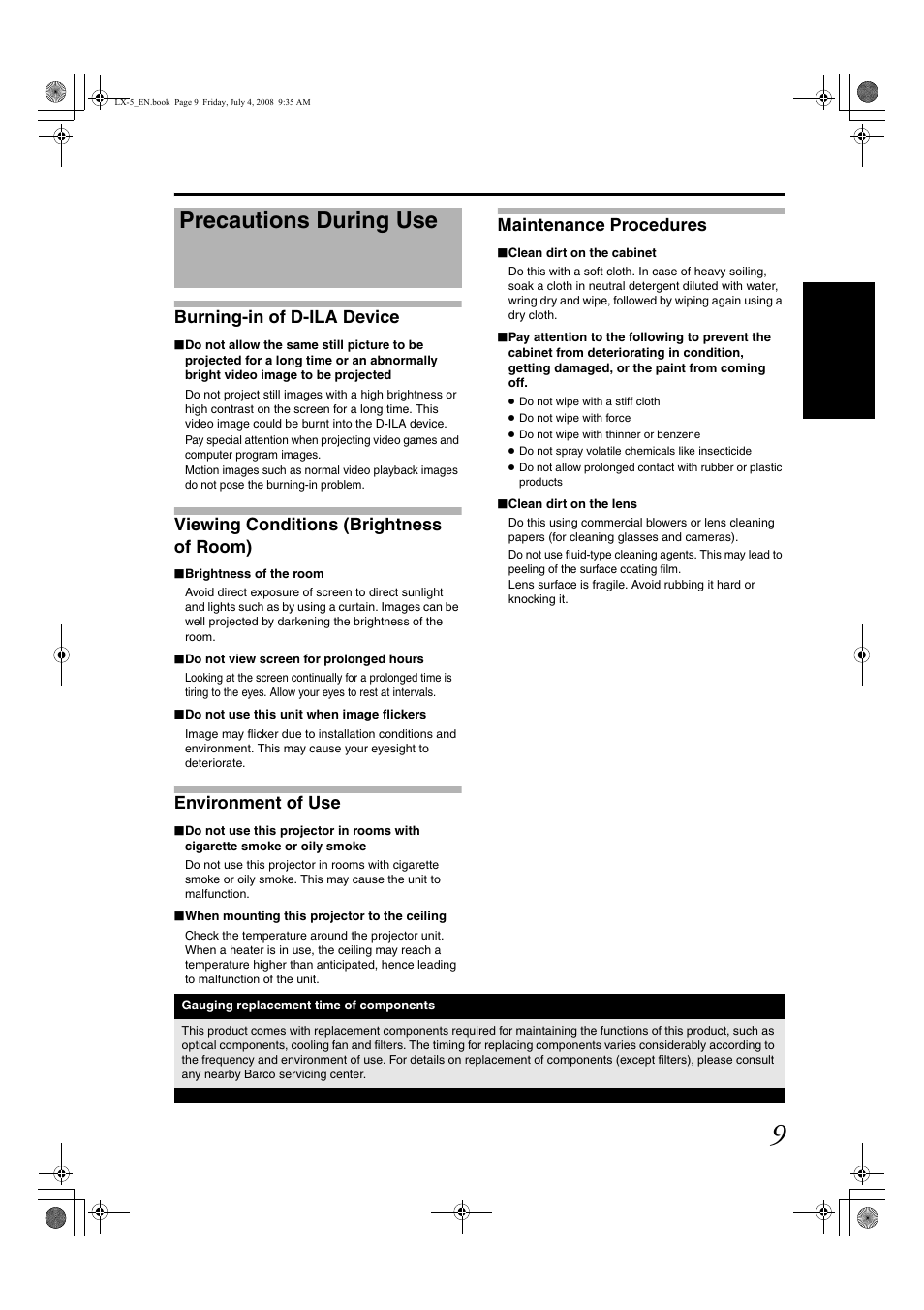 Precautions during use, Burning-in of d-ila device, Viewing conditions (brightness of room) | Environment of use, Maintenance procedures | Barco D-ILA LX-5 User Manual | Page 9 / 52
