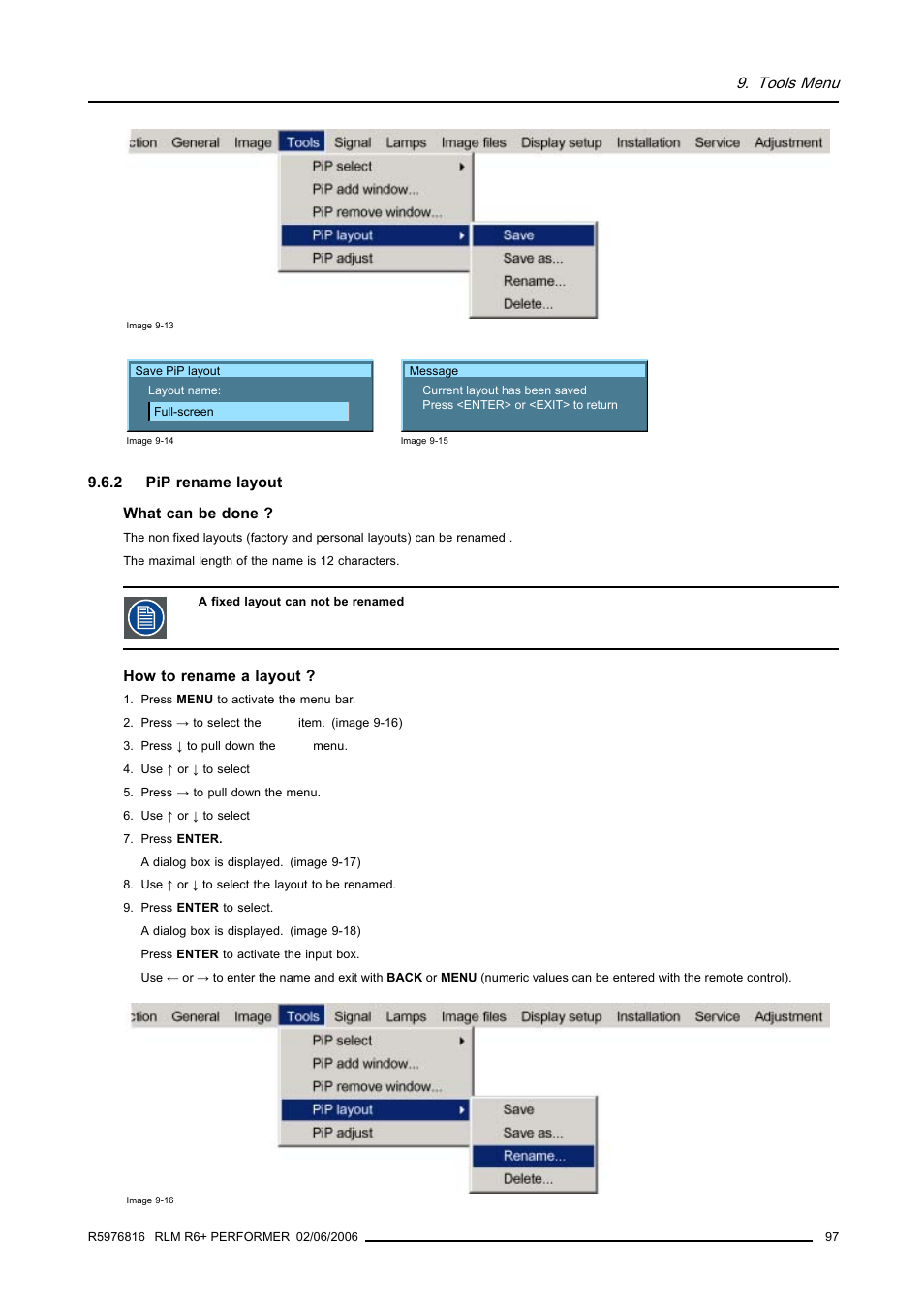 2 pip rename layout, Pip rename layout, Image 9-13) | Image 9-14), Image 9-15), Tools menu | Barco RLM R6+ PERFORMER R9010270 User Manual | Page 101 / 165