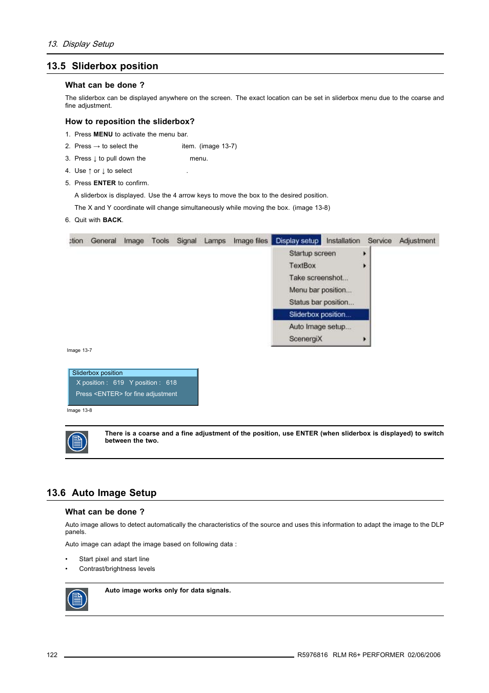 5 sliderbox position, 6 auto image setup, 122 13.6 auto image setup | Sliderbox position, Auto image setup | Barco RLM R6+ PERFORMER R9010270 User Manual | Page 126 / 165