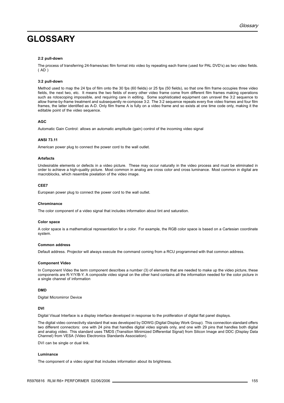Glossary | Barco RLM R6+ PERFORMER R9010270 User Manual | Page 159 / 165