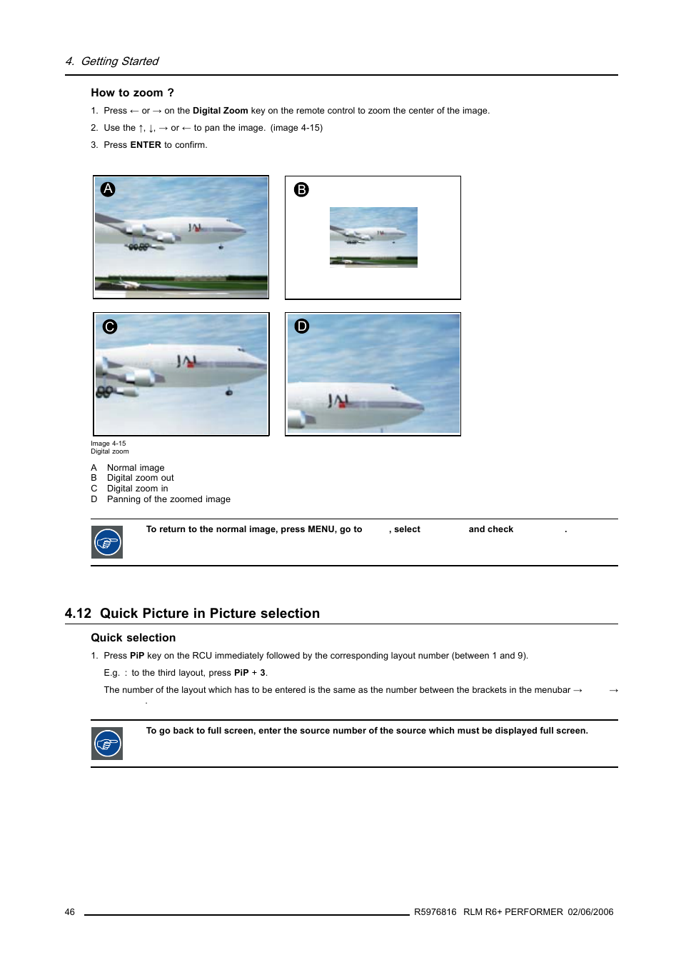 12 quick picture in picture selection, Quick picture in picture selection, Ab c d | Barco RLM R6+ PERFORMER R9010270 User Manual | Page 50 / 165