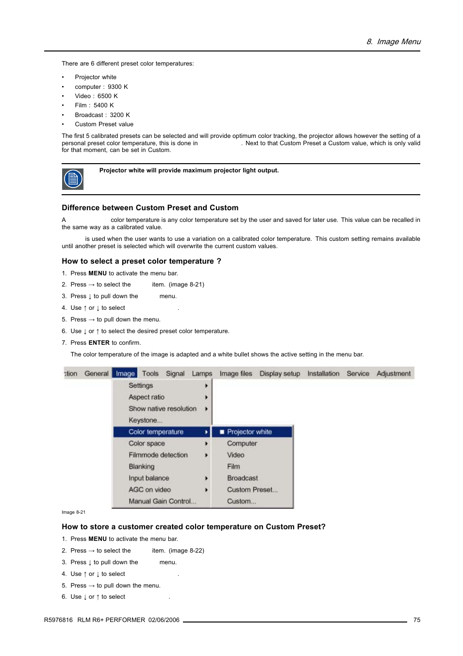 Image menu | Barco RLM R6+ PERFORMER R9010270 User Manual | Page 79 / 165