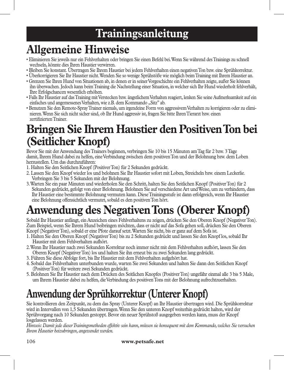 Trainingsanleitung allgemeine hinweise, Anwendung des negativen tons (oberer knopf), Anwendung der sprühkorrektur (unterer knopf) | Petsafe 275 m Deluxe Remote Spray Trainer User Manual | Page 106 / 116