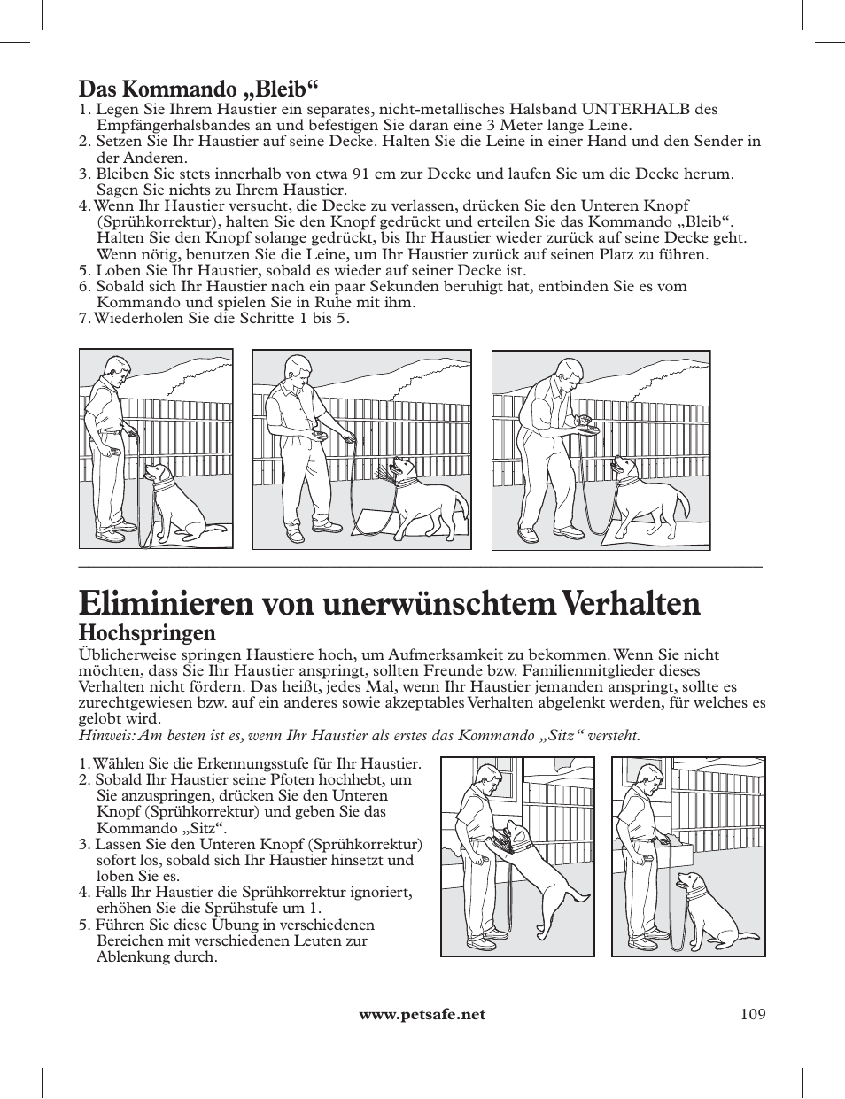 Eliminieren von unerwünschtem verhalten, Das kommando „bleib, Hochspringen | Petsafe 275 m Deluxe Remote Spray Trainer User Manual | Page 109 / 116