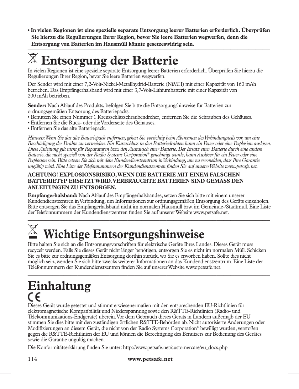 Entsorgung der batterie, Wichtige entsorgungshinweise, Einhaltung | Petsafe 275 m Deluxe Remote Spray Trainer User Manual | Page 114 / 116