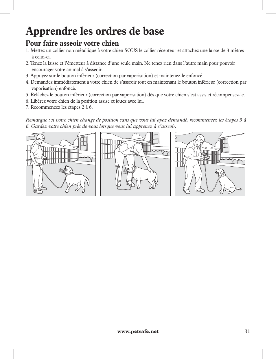 Apprendre les ordres de base, Pour faire asseoir votre chien | Petsafe 275 m Deluxe Remote Spray Trainer User Manual | Page 31 / 116