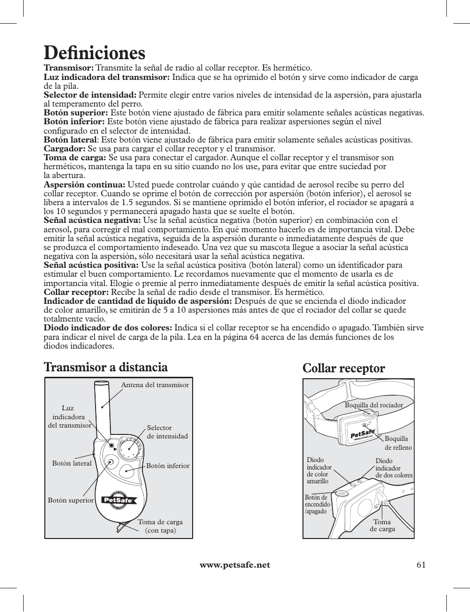 Defi niciones, Transmisor a distancia, Collar receptor | Petsafe 275 m Deluxe Remote Spray Trainer User Manual | Page 61 / 116