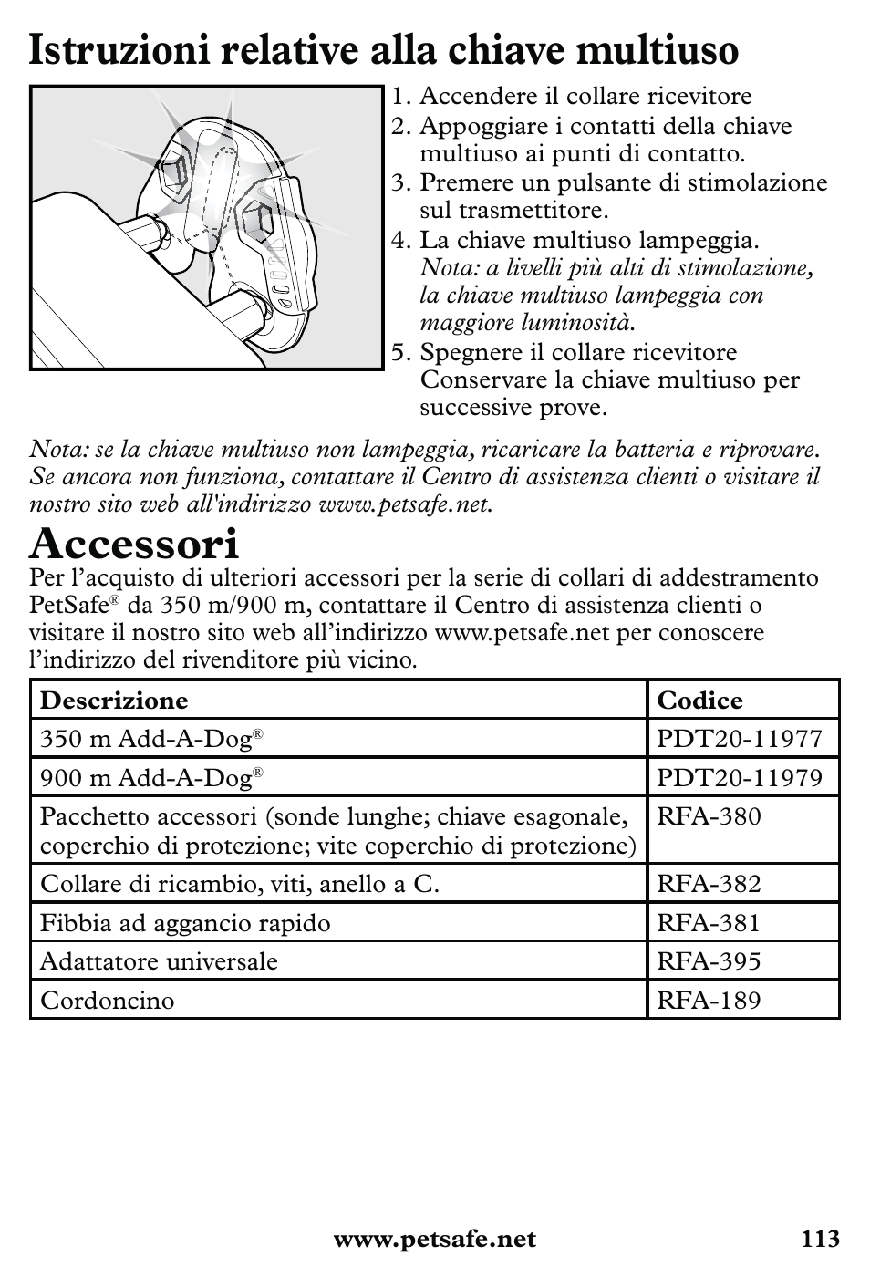 Istruzioni relative alla chiave multiuso, Accessori | Petsafe 350 m Little Dog Deluxe Remote Trainer User Manual | Page 113 / 164