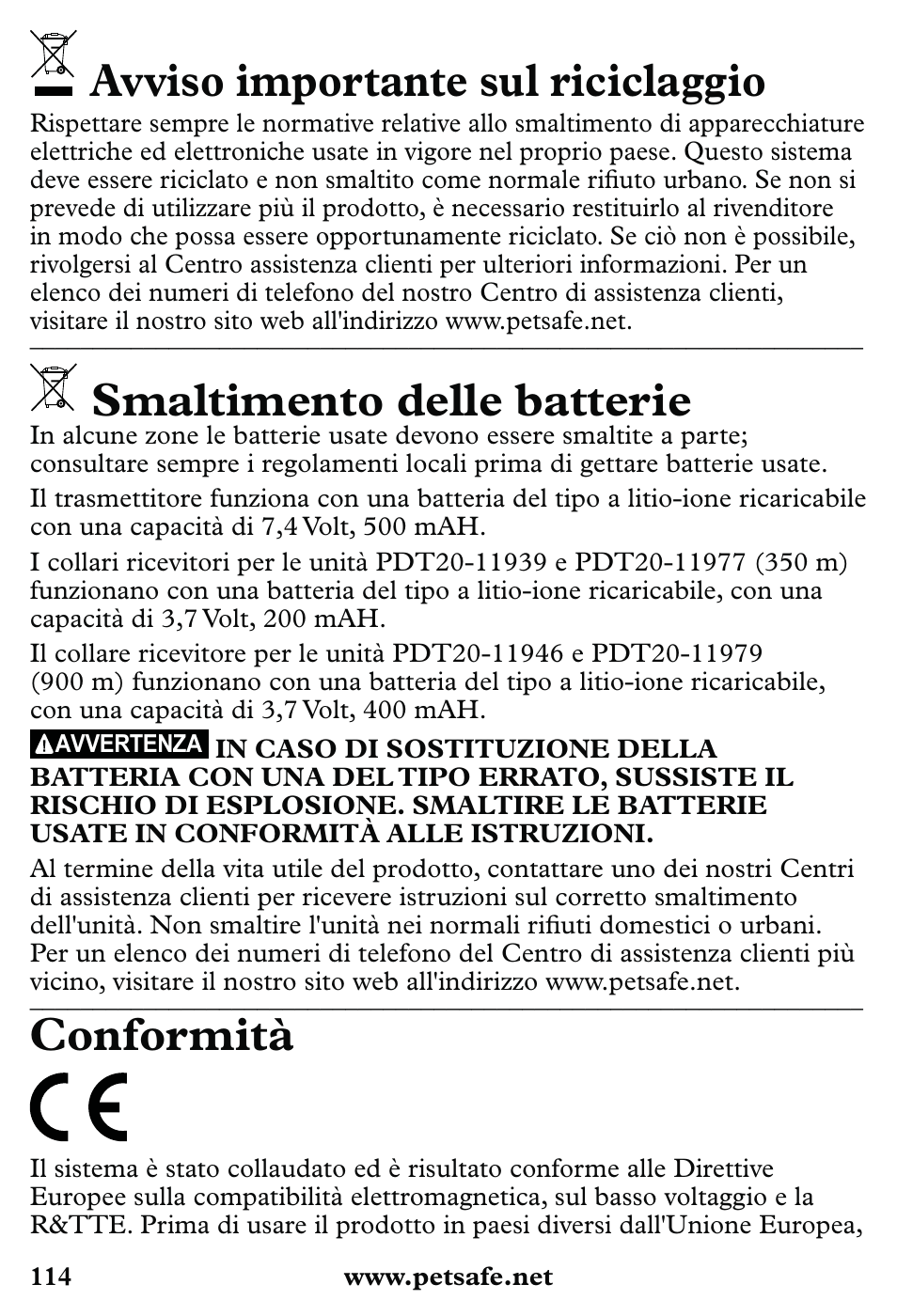 Avviso importante sul riciclaggio, Smaltimento delle batterie, Conformità | Petsafe 350 m Little Dog Deluxe Remote Trainer User Manual | Page 114 / 164