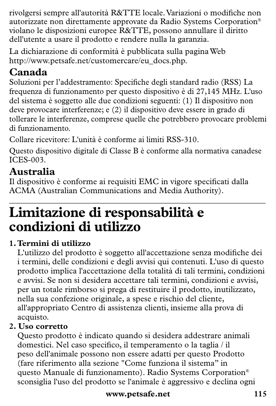 Canada, Australia | Petsafe 350 m Little Dog Deluxe Remote Trainer User Manual | Page 115 / 164