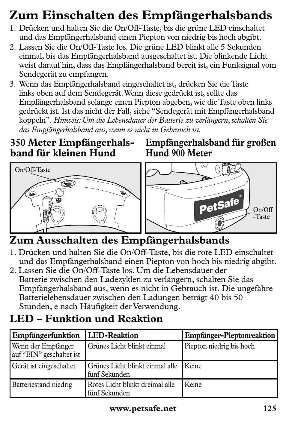 Zum einschalten des empfängerhalsbands, Zum ausschalten des empfängerhalsbands, Led – funktion und reaktion | Petsafe 350 m Little Dog Deluxe Remote Trainer User Manual | Page 125 / 164