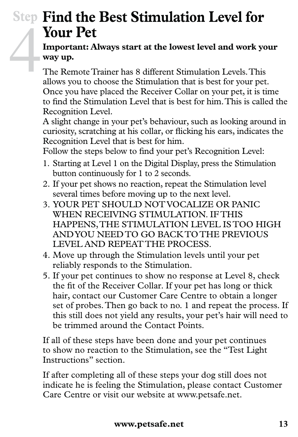 Find the best stimulation level for your pet, Step | Petsafe 350 m Little Dog Deluxe Remote Trainer User Manual | Page 13 / 164