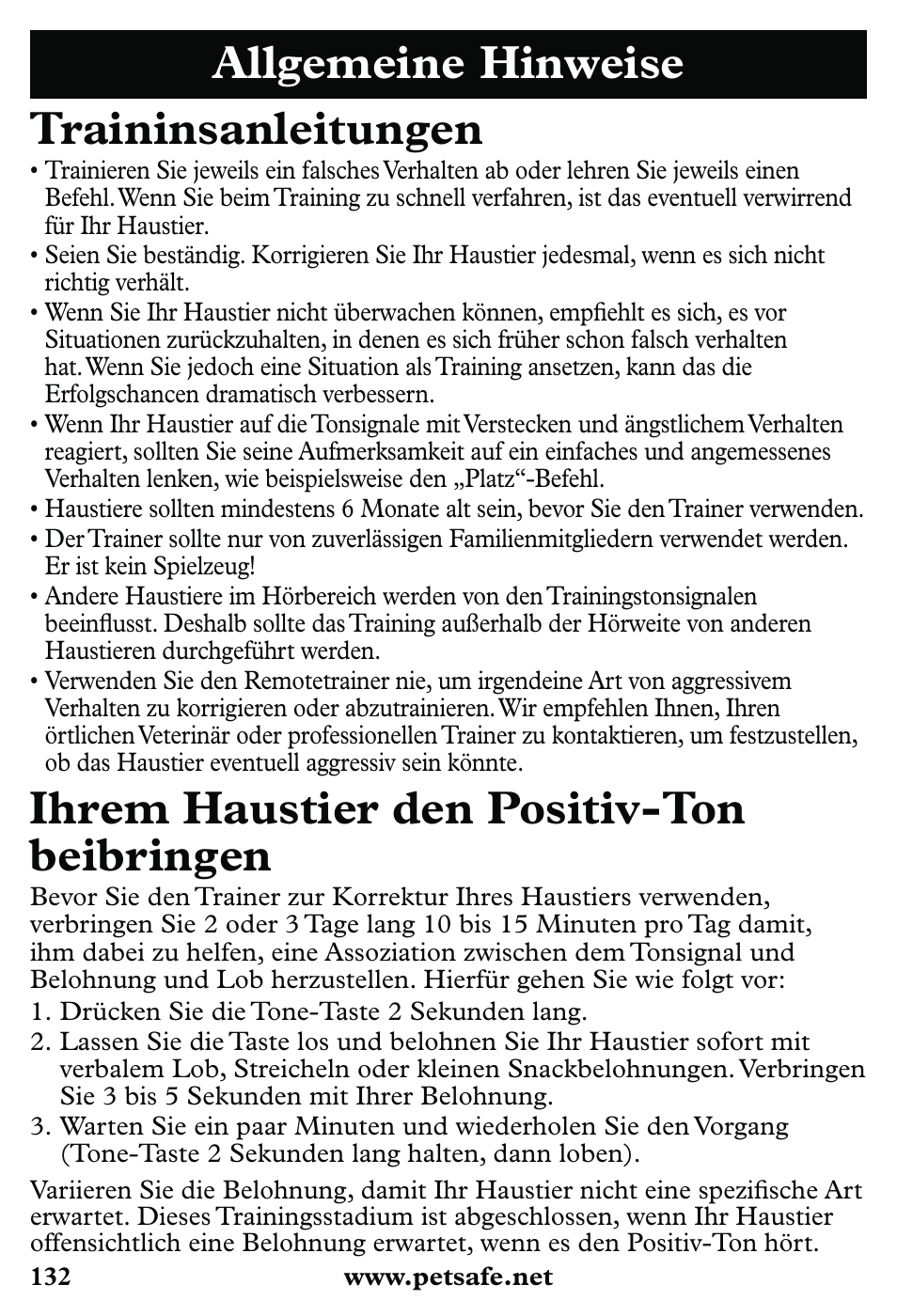 Allgemeine hinweise traininsanleitungen, Ihrem haustier den positiv-ton beibringen | Petsafe 350 m Little Dog Deluxe Remote Trainer User Manual | Page 132 / 164