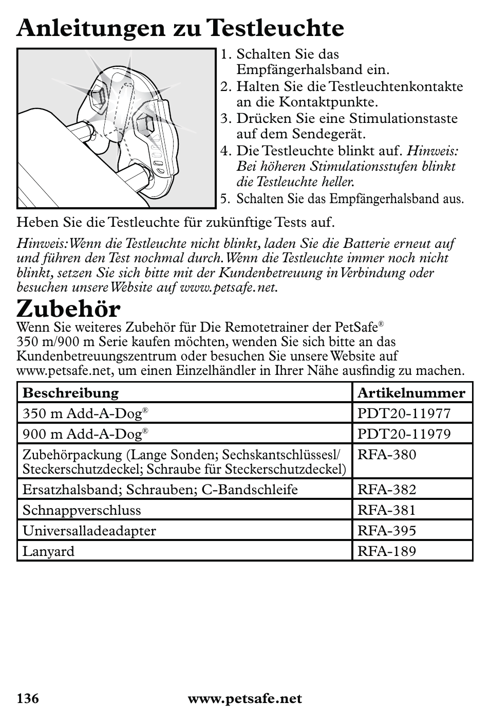 Anleitungen zu testleuchte, Zubehör | Petsafe 350 m Little Dog Deluxe Remote Trainer User Manual | Page 136 / 164