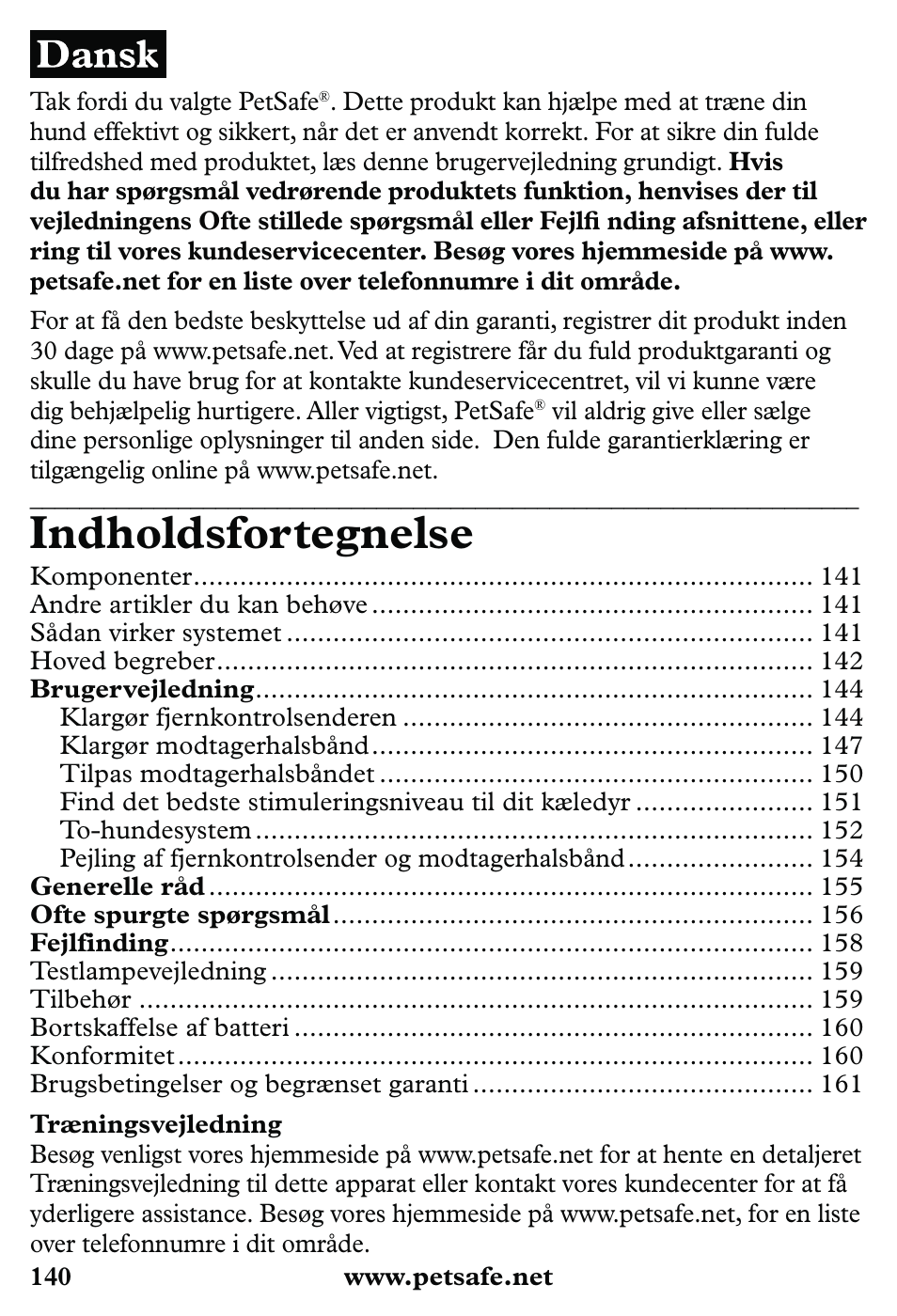Indholdsfortegnelse | Petsafe 350 m Little Dog Deluxe Remote Trainer User Manual | Page 140 / 164