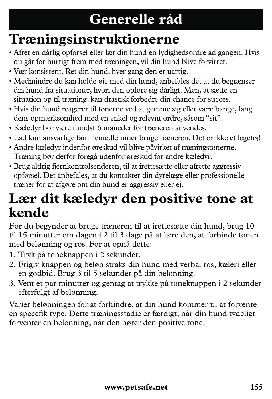 Generelle råd træningsinstruktionerne, Lær dit kæledyr den positive tone at kende | Petsafe 350 m Little Dog Deluxe Remote Trainer User Manual | Page 155 / 164