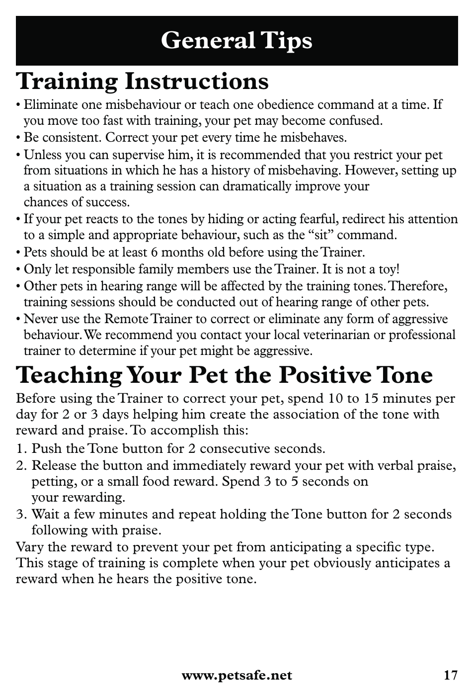 General tips training instructions, Teaching your pet the positive tone | Petsafe 350 m Little Dog Deluxe Remote Trainer User Manual | Page 17 / 164