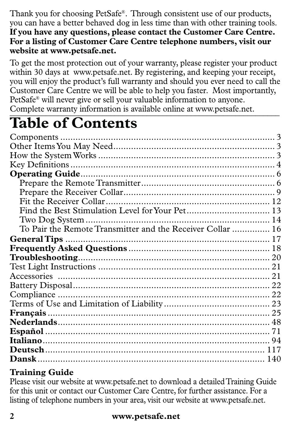 Petsafe 350 m Little Dog Deluxe Remote Trainer User Manual | Page 2 / 164