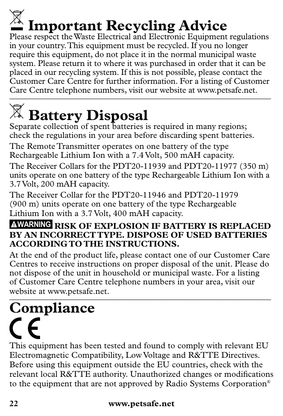 Important recycling advice, Battery disposal, Compliance | Petsafe 350 m Little Dog Deluxe Remote Trainer User Manual | Page 22 / 164