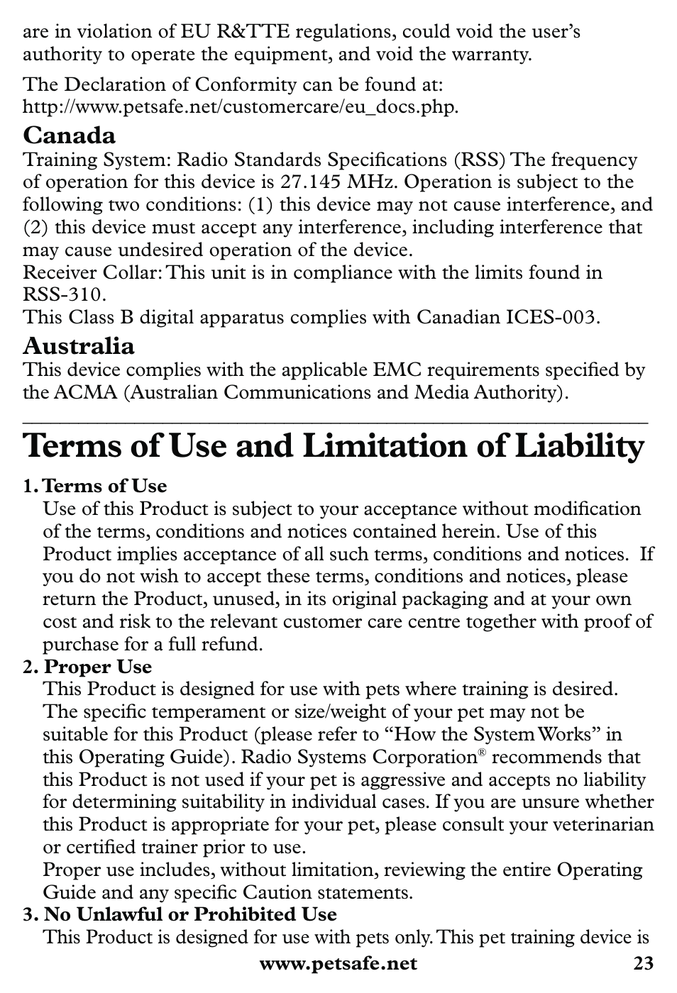 Terms of use and limitation of liability, Canada, Australia | Petsafe 350 m Little Dog Deluxe Remote Trainer User Manual | Page 23 / 164